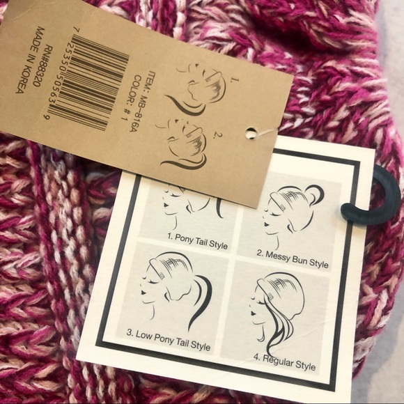 C.C Soft Stretch Cable Knit Messie Bun Beanie Tail Hat in Pink NWT - Picture 7 of 7